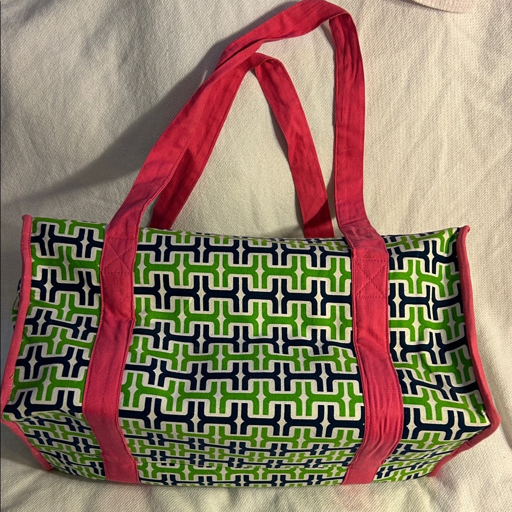 Patterned Green & Navy Tote with Pink Handles